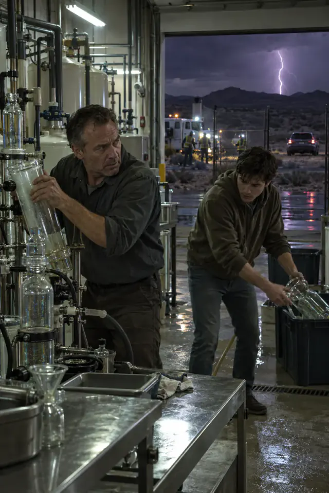 Two anonymous technicians dismantle an illegal glass filtration rig at a New Mexico water facility during a storm.