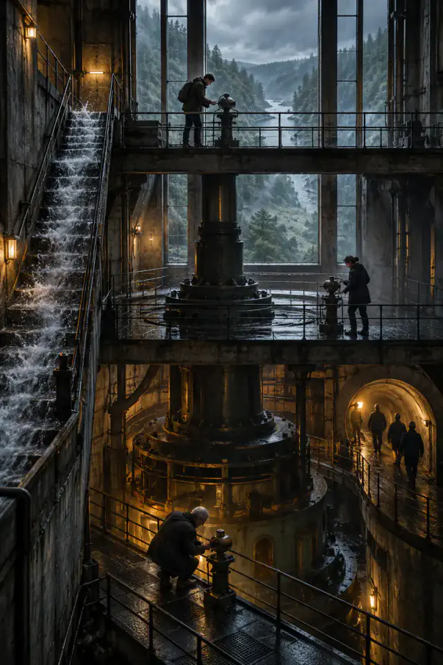 Several generations gather in a German hydroelectric turbine hall where rain and water appear to flow upward.