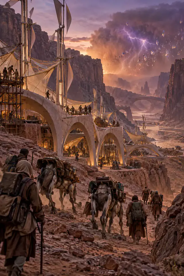 Far-future desert ecologists shelter among ceramic arches as original cargo walkers cross a crystal storm.