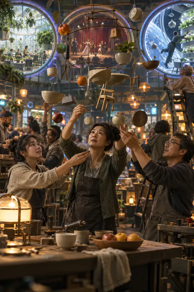 A Chinese American family steadies a suspended kinetic mobile in a repair arcade opening onto three impossible environments.