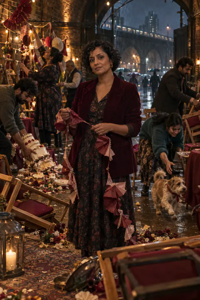 A fictional British South Asian woman holds a broken garland amid a rain-soaked London community fundraiser in comic disarray.