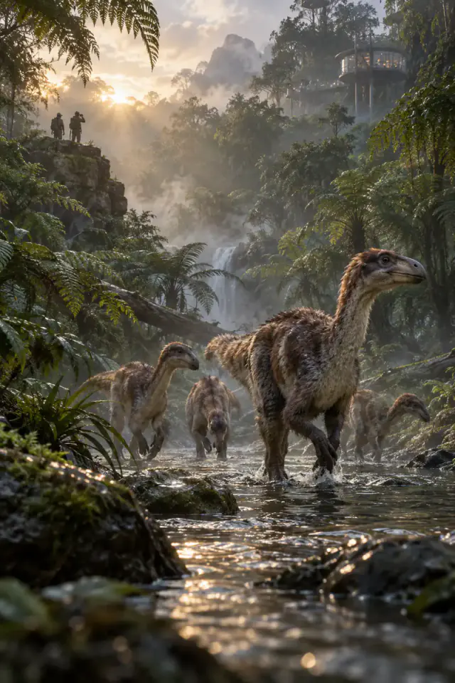 A herd of feathered juvenile dinosaurs crosses a misty tropical river below distant field researchers at dawn