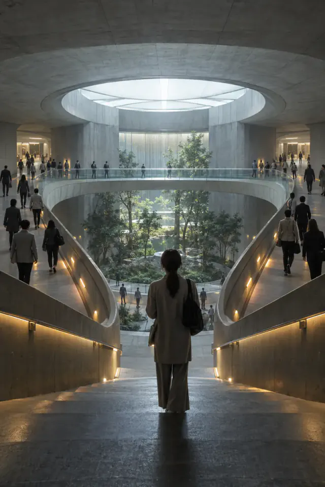 Anonymous office workers descend through a vast concrete corporate atrium surrounding a sunken indoor garden