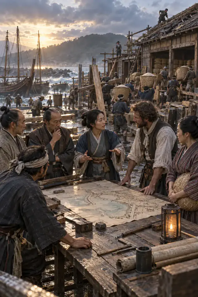 An invented early-1600s Japanese harbor negotiation unfolds among shipwrights, interpreters and storm repairs.