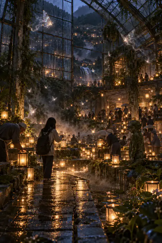 A teenage girl and lantern makers guide luminous mist creatures through a rain-soaked mountain conservatory.