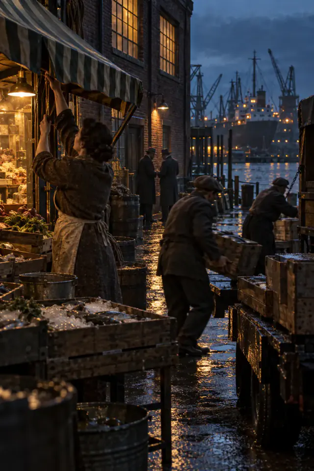 Workers close a rain-soaked 1940s waterfront produce market while two anonymous men confer near the harbor